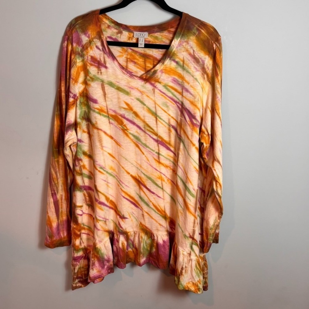 Logo Lori Goldstein Womens Cream Pink Tie Dye V-Neck Ruffle Tunic sz 1X Pockets
